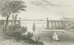 Welsh Countryside Views Drucke: View of Menai Bridge on Isle of Anglesey. 19th century (engraving)