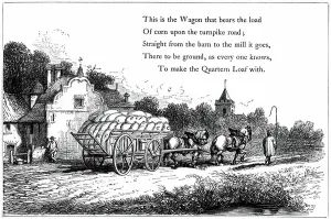 Horse Drawn Wagon Drucke: Wagon loaded with sacks of corn on the road to the flour mill