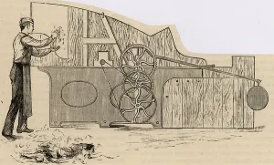 Wollene Fetzen in einer Mahlmaschine namens Teufel, 1880 (Radierung).
