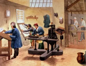 Vintage Printing Equipment Drucke: Workshop of a printer, end of the 19th century (illustration)