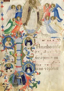Frau 558 Blatt 67v Seite, die den Heiligen Dominikus und einen historisierten Initialbuchstaben darstellt.