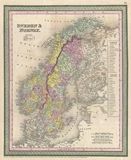 1850, Karte von Mitchell über Skandinavien, Norwegen, Schweden, Dänemark, Finnland, Topographie, Kartografie.
