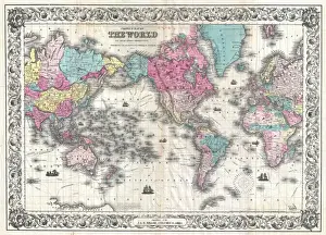 Mercator Projection Map Drucke: 1852, Coltons Map of the World on Mercators Projection, Pocket Map, topography