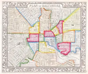 Old Atlas Maps Drucke: 1860, Mitchell Map of Baltimore, topography, cartography, geography, land, illustration