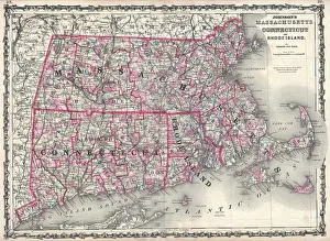 Antique Cartography Collection Drucke: 1862, Johnson Map of Massachusetts, Connecticut and Rhode Island, topography, cartography