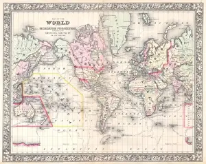 Cartography Illustration Art Drucke: 1864, Mitchell Map of the World on Mercator Projection, topography, cartography, geography