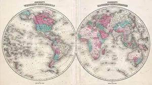 Antique Cartography Illustration Drucke: 1866, Johnson Map of the World in Hemispheres, topography, cartography, geography