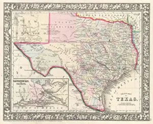Antique Cartography Illustration Drucke: 1866, Mitchell Map of Texas, topography, cartography, geography, land, illustration