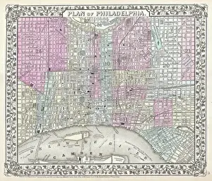 Rare 19th Century Maps Drucke: 1867, Mitchell Map of Philadelphia, Pennsylvania, topography, cartography, geography