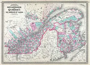 Antique Topographic Maps Drucke: 1870, Johnson Map of Quebec, Canada