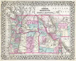 Cartography Illustration Art Drucke: 1877, Mitchell Map of Oregon, Washington, Idaho and Montana, topography, cartography