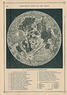 1886, Fernrohransicht und Mondkarte, Topographie, Kartografie, Geographie, Land.