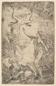 Apollo rechts mit Bogen haltend Daphne jagt links.