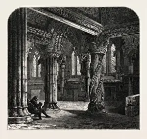 Vintage British Culture Drucke: The Apprentice Pillar in Roslin Chapel, UK, britain, british, europe, united kingdom