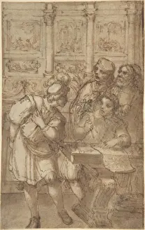 Italian Sketches Drucke: Architect Study Holding Compass Conversing Three Men