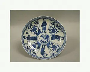 Drucke von Schale mit Frauen und Blumen, Qing-Dynastie (1644–1911), China, Porzellan bemalt in Untergrundblau, Ø 12,7 cm Chinesische Dynastien Gemälde Drucke: Artokoloro