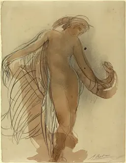 Auguste Rodin, Figur nach vorne gerichtet, Französisch, 1840 - 1917, Graphit und Wasserfarbe.