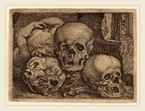 German Engraving Artist Drucke: Barthel Beham (German, 1502-1540), Child with Three Skulls, 1529, engraving