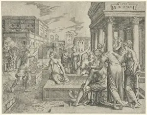 King David Painting Drucke: Bathsheba receives the message of David, Cornelis Massijs, 1549