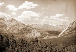 Canadian Mountains Landscape Drucke: Down Bow Valley from Upper Spring, Banff, Alberta, Valleys, Rivers, Mountains, National
