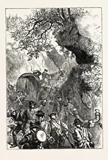 US History Prints Drucke: BRADDOCKs FORCES SURPRISED BY AN AMBUSCADE, US, USA, 1870s engraving
