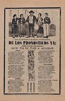 Mexican Folk Art Drucke: Broadsheet, monthly horoscopes, group, women surrounding, man, crowd, people raising