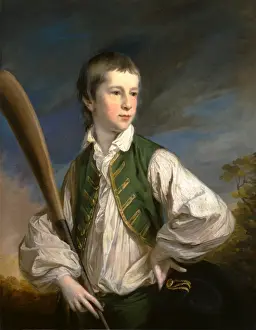 British Oil On Canvas Drucke: Charles Collyer as a Boy, with a Cricket Bat Signed and dated