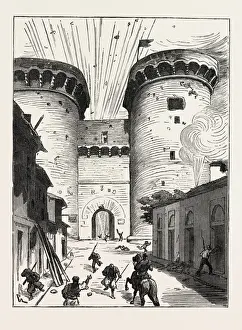 Civil War In Spain Drucke: The Civil War in Spain: Explosion at the Cuarte Gate, Valencia, 1873 Engraving