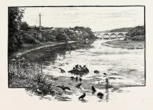 Scottish Borders Drucke: COLDSTREAM BRIDGE, FROM UP-STREAM. Coldstream Bridge, linking Coldstream, Scottish
