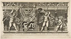 Renaissance Facade Design Drucke: Three cupids front facade pilasters holding trident