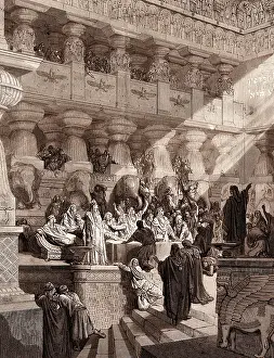 Christian Bible Illustration Drucke: Daniel Interpreting the Writing on the Wall, by Gustave Dore. Dore, 1832 - 1883, French