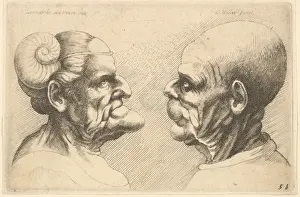 Leonardo Da Vinci Prints Drucke: Two deformed heads facing 1625-77 Etching second state