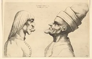 Leonardo Da Vinci Prints Drucke: Two deformed heads facing 1645 Etching third state