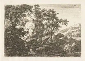 Rock Formations Landscape Drucke: Double waterfall, Anthonie Waterloo, 1630 - 1663