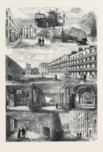 Bild der Liszt-Sammlung: Eintrittstor zur Gouverneursvilla; 2. Innenhof und Gouverneursvilla; 3. Eingang von der Southwark Bridge Straße; 4. Vorderseite des Gefängnisses und Racquet-Courts; 5. Eine der Räume; 6. Kapelle, 7. Korridor; Raum in dem Lord George Gordon gefangen gehalten wurde,8.Pooren-Debitor-Seite des Gefängnisses