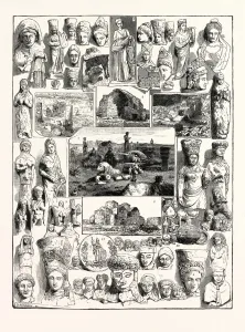 Cypriotische Antiquitäten entdeckt im Tempel von Artemis, in Achna und Salamis: 1. Diese Illustration und die Büsten und Figuren am Rand der Seite zeigen verschiedene Arten der Göttin Artemis aus dem Tempel in Achna. 2. Teil einer Mosaikzeichnung im Exedra, einem Freizeitraum eines römischen Bades, gefunden in Salamis. 3. Mosaikboden des Exedras. 4. Der Exedra. 5. Allgemeiner Blick auf das Badhaus (Bath). 6 Kapelle von St.Barnabas, nahe Salamis .7 Ansicht der Ausgrabungen in Salamis .8 Äußere Erscheinung der Kirche und des Klosters von St.Barnabas .9 Steinflakons darstellend Hecate Trimorphos , gefunden im Tempel von Artemis .10 Fragmente seltenen heiligen Gefäße vom Tempel : ( a ) Steinflakon ; ( b ) antike Lampe ; ( c ) Atys Heiliger Tanne; ( d) Gefäße gewidmet an Atys .11 Bronze-Spiegel Athene , aus dem Badhaus zu finden ist Salamin