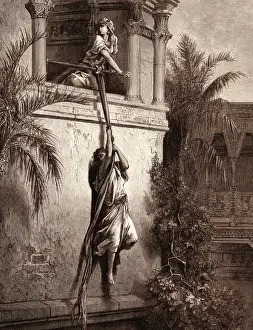 Vintage Gustave Dore Prints Drucke: The Escape of David through the Window, by Gustave Dore. Gustave Dore, 1832 - 1883