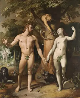 Fall Mann Adam und Eva stehen vor dem Baum der Erkenntnis.