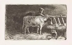 Small Farm Animals Drucke: Farmer between two cows in a stable (small version), Jan Vrolijk, 1860 - 1894