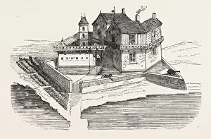 Engraved Illustration Style Drucke: FIRST HOUSE ERECTED IN QUEBEC, CANADA, 1870s engraving