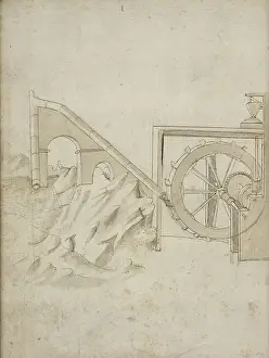 Brown Ink On Paper Art Drucke: Folio 13 mill powered water siphon Edificij et