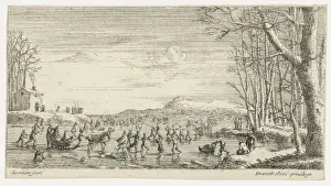 Winter Sports Scene Drucke: Frozen river with skaters, Anonymous, Pierre Drevet, 1650 - 1738