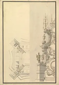 Italian Drawings Drucke: Half Ground Plan Elevation Catafalque surmounted