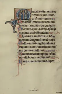 Medieval Manuscript Page Drucke: Initial M Saint Blessing Another Saint Bute Master