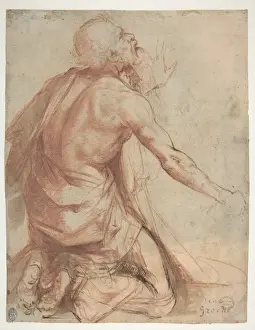 Italian Renaissance Art Study Drucke: Kneeling Bearded Old Man recto Section Draped Limb