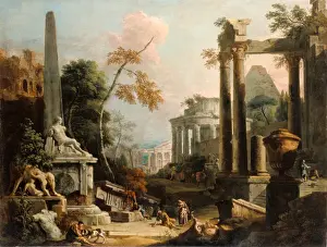 Classical Landscape Paintings Drucke: Landscape with Classical Ruins and Figures