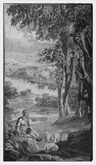 Peaceful Countryside Scenery Drucke: Landscape contemplative shepherd sheep