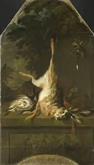 Drucke von Stillleben mit totem Hase und Rebhühnern, Kamin mit einem Stillleben eines toten Hasen an einem Bein aufgehängt, ein Paar Rebhühner, ein Jagdhorn und einige andere Jagdattribut auf einer Steinplatte Stilleben Kunstwerk Drucke: Leben toter Hase Rebhühner Schornstein Leben toter Hase angehalten.