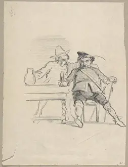 Belgian Art 19th Century Drucke: Two male figures seated table drinking graphite