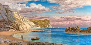 Vintage Beach Scenes UK Drucke: Man of War Rocks, Coast of Dorset Distant Thunder Signed and dated, lower left: John